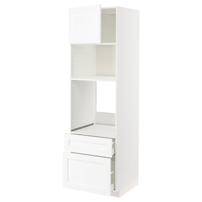 This image shows a white METOD kitchen cabinet with drawers and shelves. The cabinet is rectangular and mainly made of white particleboard and foil.