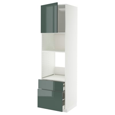 This image shows a METOD kitchen unit with high-gloss greenish-grey drawers and cabinet doors. It includes shelves and drawers for storage.