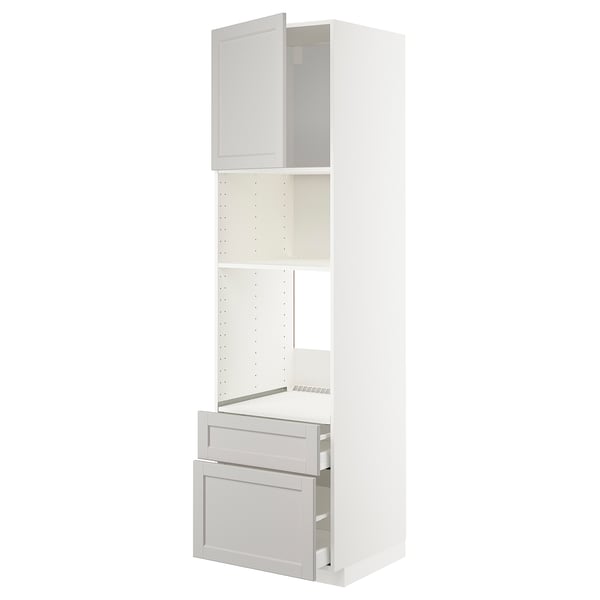 METOD kitchen cabinet in white with grey drawers and shelves, fully open showcasing storage.