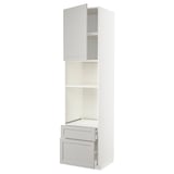 A white METOD kitchen unit with both drawers and shelves. It a classic design with light grey lerhyttan fronts.