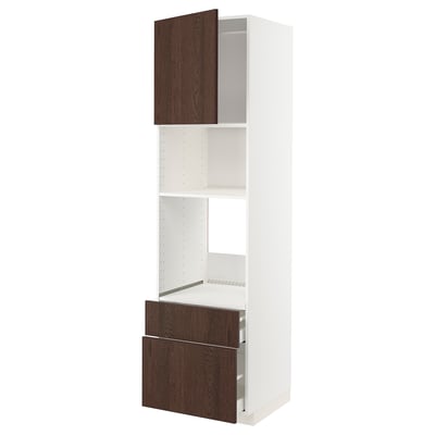METOD kitchen unit with dark brown sinarp wood fronts & white frame. Tall, rectangular shape with open shelves, wooden drawer, and cabinet doors.