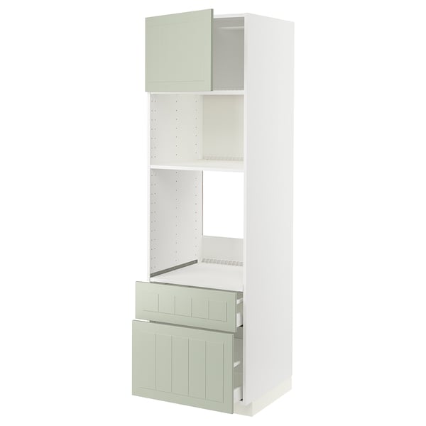 Modern white METOD kitchen unit with adjustable shelves and light green drawers.