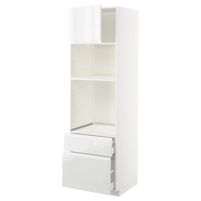 A white ikea METOD kitchen cabinet with high-gloss finish, featuring open shelves and pull-out drawers.