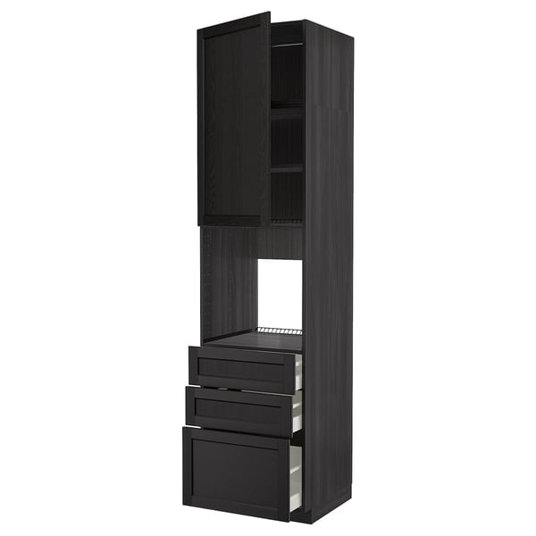 Black wooden kitchen cabinet with open door and three drawners, modern design.