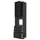 Black wooden kitchen cabinet with open door and three drawners, modern design.