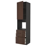 Modern dark wood kitchen cabinet with drawers and shelves. Tall unit with minimalist design, includes adjustable shelves.
