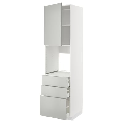 White kitchen cabinet, featuring three open drawers and open upper storage, sleek minimalist design in light grey.