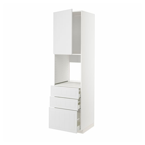 White METOD kitchen unit with closed cabinet, open shelf, and drawers.