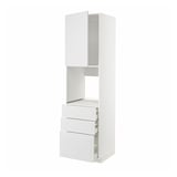 White METOD kitchen unit with closed cabinet, open shelf, and drawers.