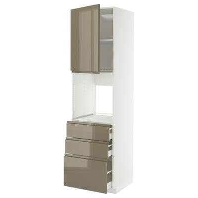 Ikea METOD high cabinet, grey-brown glass doors, white frame, three drawers.