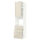 Modern kitchen unit, beige, high gloss. Open shelves and drawers. Tall, rectangular, sleek design.