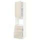 Modern kitchen unit, beige, high gloss. Open shelves and drawers. Tall, rectangular, sleek design.