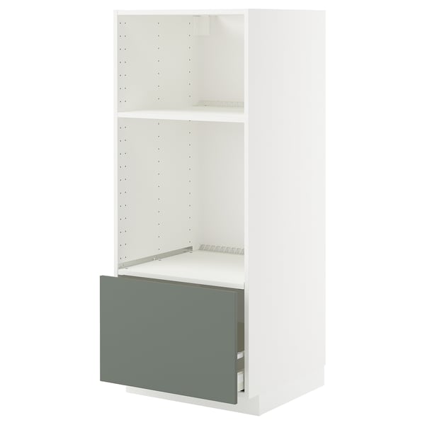 A white METOD kitchen cabinet with a grey-green drawer. Its a modular unit with metal shelves.