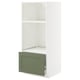 Green & white modern kitchen unit. Two open shelves, green drawer bottom. Sleek, minimalist design.