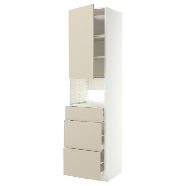 A white and beige kitchen cabinet from the METOD system. It a tall unit with both shelves and drawers.