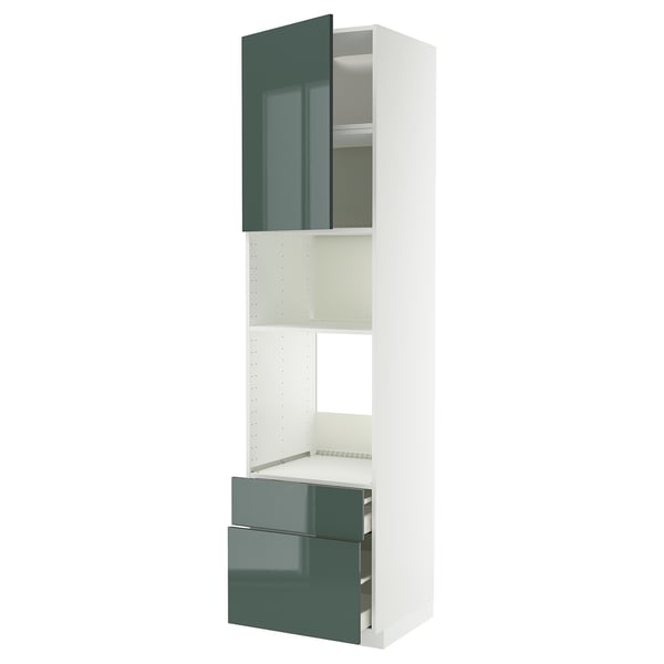 METOD kitchen unit, high-gloss grey-green, white, modern, tall, shelves, drawers, sleek design.