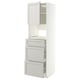 A white METOD kitchen cabinet with light grey lerhyttan fronts, featuring multiple drawers and an open cabinet spot.