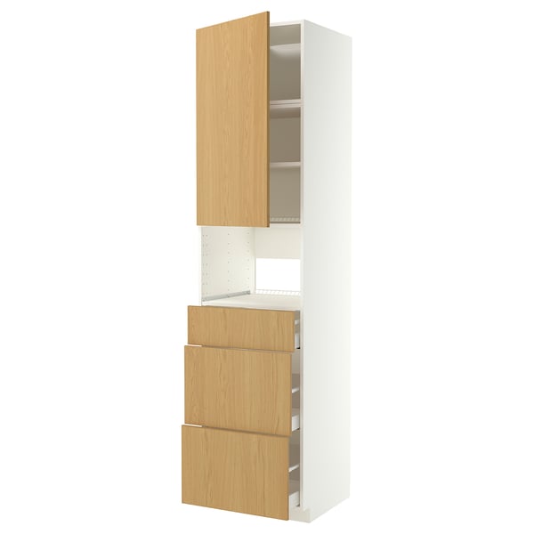 Wooden kitchen unit with oak doors, metal handles, shelves, and three drawers in white frame.