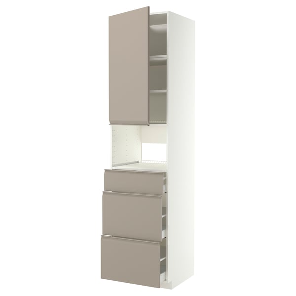 Modern kitchen unit, METOD. Tall, beige-grey with handleless doors. Three drawers, shelves. Steel and particleboard framed.
