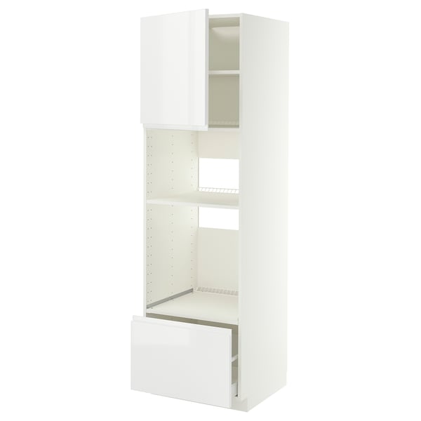 METOD / MAXIMERA High cabinet f built-in appliances, white/Voxtorp high-gloss/white, 60x60x200 cm