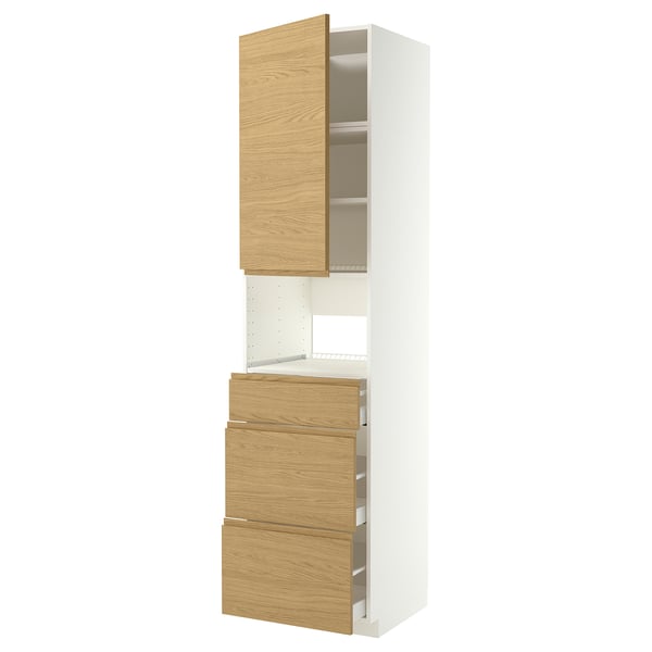 A tall kitchen storage unit named METOD with white and oak-colored drawers and door, featuring multiple shelves and drawers for storage.