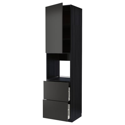 Modern black kitchen cabinet with drawers and open shelf, sleek and stylish design.