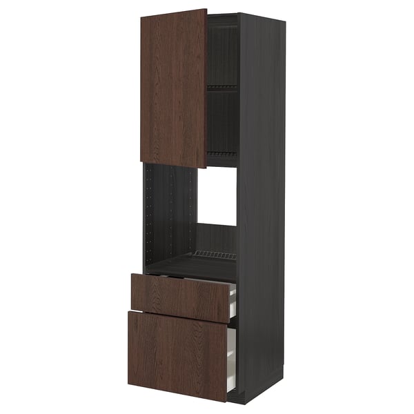 An ikea METOD kitchen unit in dark brown with wooden edges, shelves, and drawers. It has a tall, rectangular shape with a sleek design.