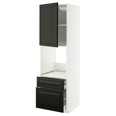 An open METOD kitchen cabinet with dark gray bodbyn fronts and a white frame. It both shelves and drawers, offering storage options.