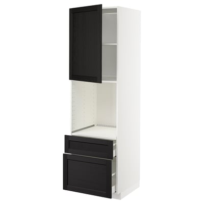 Modern white kitchen cabinet with black stained wooden drawers and door.