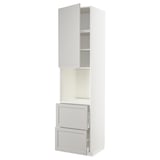 A white METOD kitchen cabinet with grey lerhyttan doors and a ventilated shelf. It two drawers with smooth runners and a tall storage section.