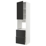 Modern kitchen cabinet, tall, white with black door and drawers, handleless design.