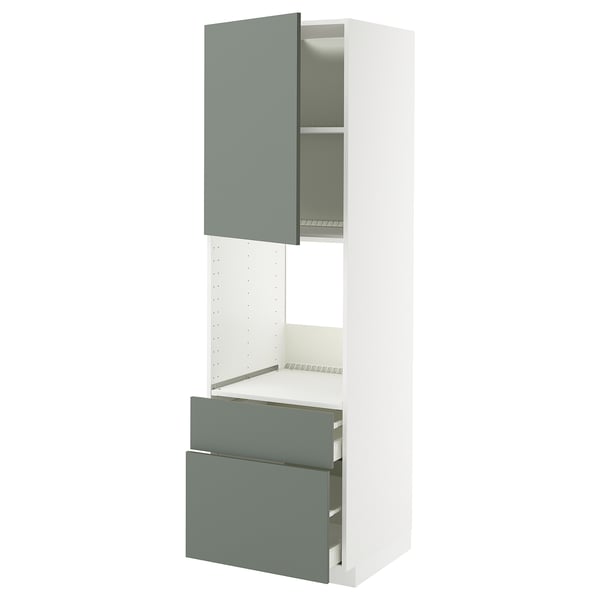 Modern METOD kitchen unit, grey-green, tall cabinet with door and drawers, sleek handles, white base.