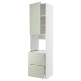 A tall, slim METOD kitchen cabinet in green. It has two drawers and an open upper section. The cabinet is white with light green doors and drawers.