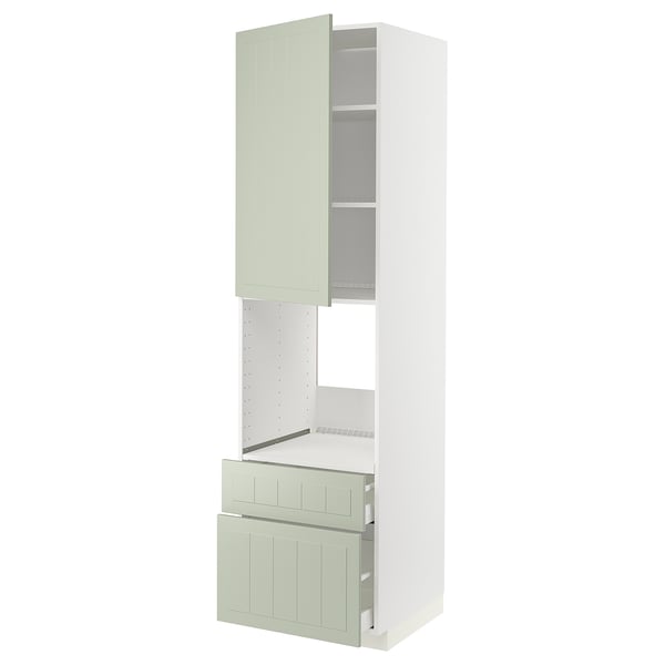METOD kitchen unit in green with drawer and shelf storage.