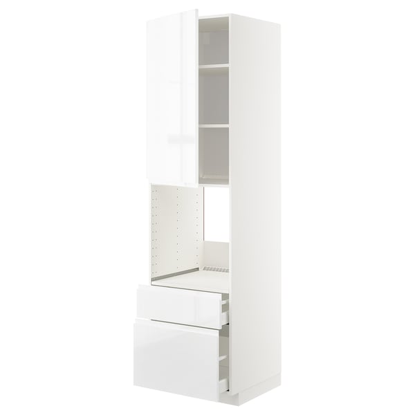 A white METOD kitchen unit with high gloss, featuring drawers and shelves.