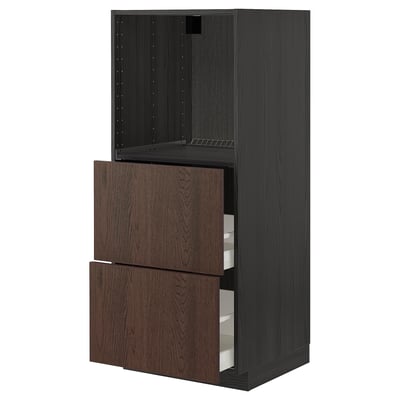 Dark brown ikea METOD kitchen unit, featuring wooden drawers and a cabinet with shelves.