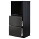 Black modern kitchen cabinet with adjustable shelves. Tall unit, open at top, two drawers with sleek fronts.