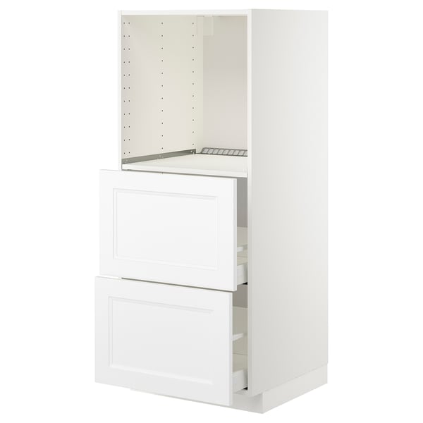 This image shows a white METOD kitchen cabinet unit with two drawers and an open top section. The unit is sleek and modern with a smooth finish.
