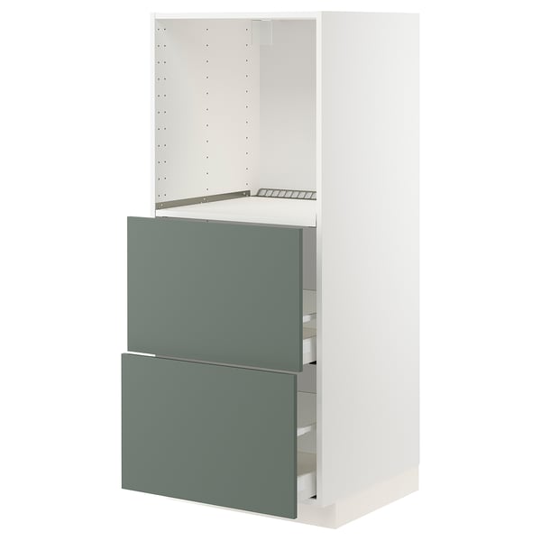 A white METOD kitchen cabinet with grey-green drawers. Its modern, with smooth-running drawers.