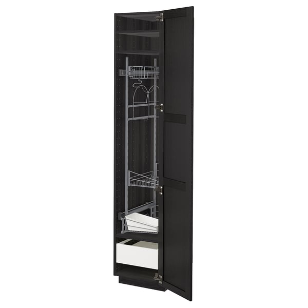 Black stained METOD kitchen cabinet with bevelled edges, metal shelves & drawer, left-side door.