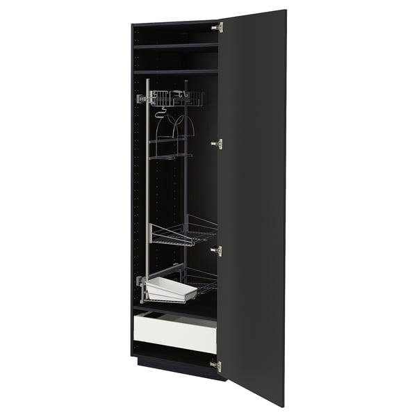 Modern black kitchen cabinet with adjustable shelves & pull-out drawer. METOD system, sleek design.