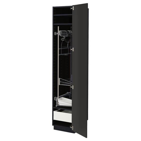 A black METOD kitchen cabinet with a metal interior and adjustable shelves. The door is open, revealing a pull-out drawer.