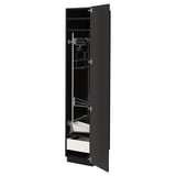 A black METOD kitchen cabinet with a metal interior and adjustable shelves. The door is open, revealing a pull-out drawer.