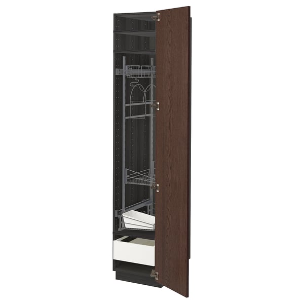 METOD dark brown kitchen cabinet with adjustable shelves and pull-out drawer.