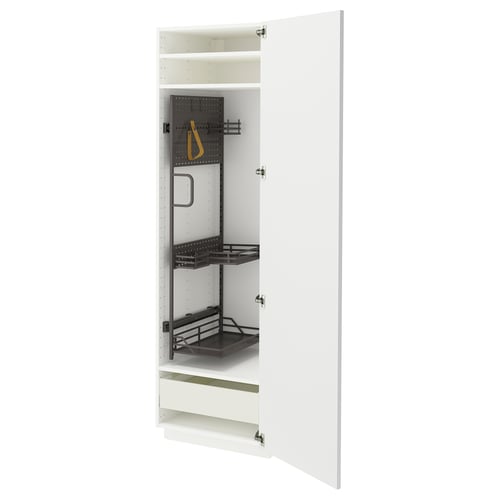Displays an open white METOD cabinet with adjustable shelves and pull-out drawers featuring black metal frames and a drawer.