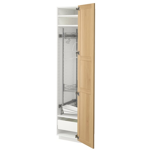 Open light wood METOD cabinet showing shelves and drawer.