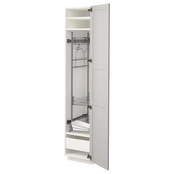 A white, tall storage cabinet from the METOD kitchen system. It adjustable shelves and pull-out drawers.