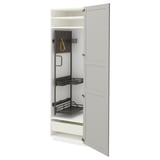 Modern kitchen cabinet with sliding shelves and drawers, grey color, made of particleboard and birch veneer, adjustable storage solutions.