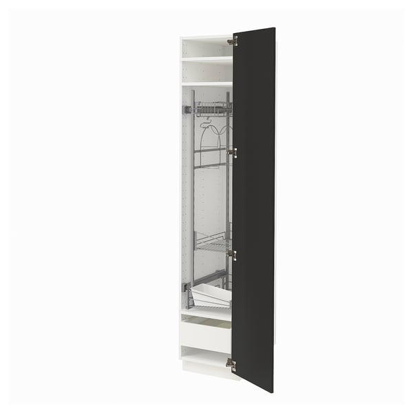 Open black kitchen cabinet with metal shelving inside.
