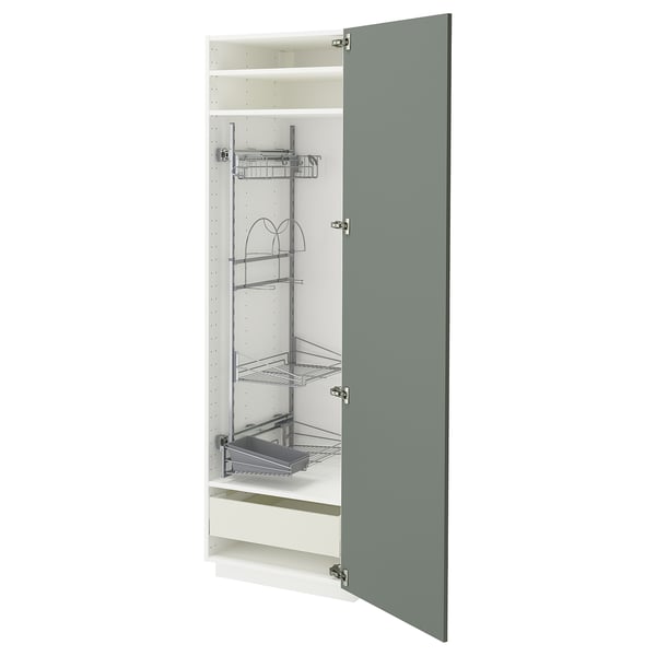 Modern kitchen cabinet in grey-green with adjustable metal shelves and smooth-closing drawers.
